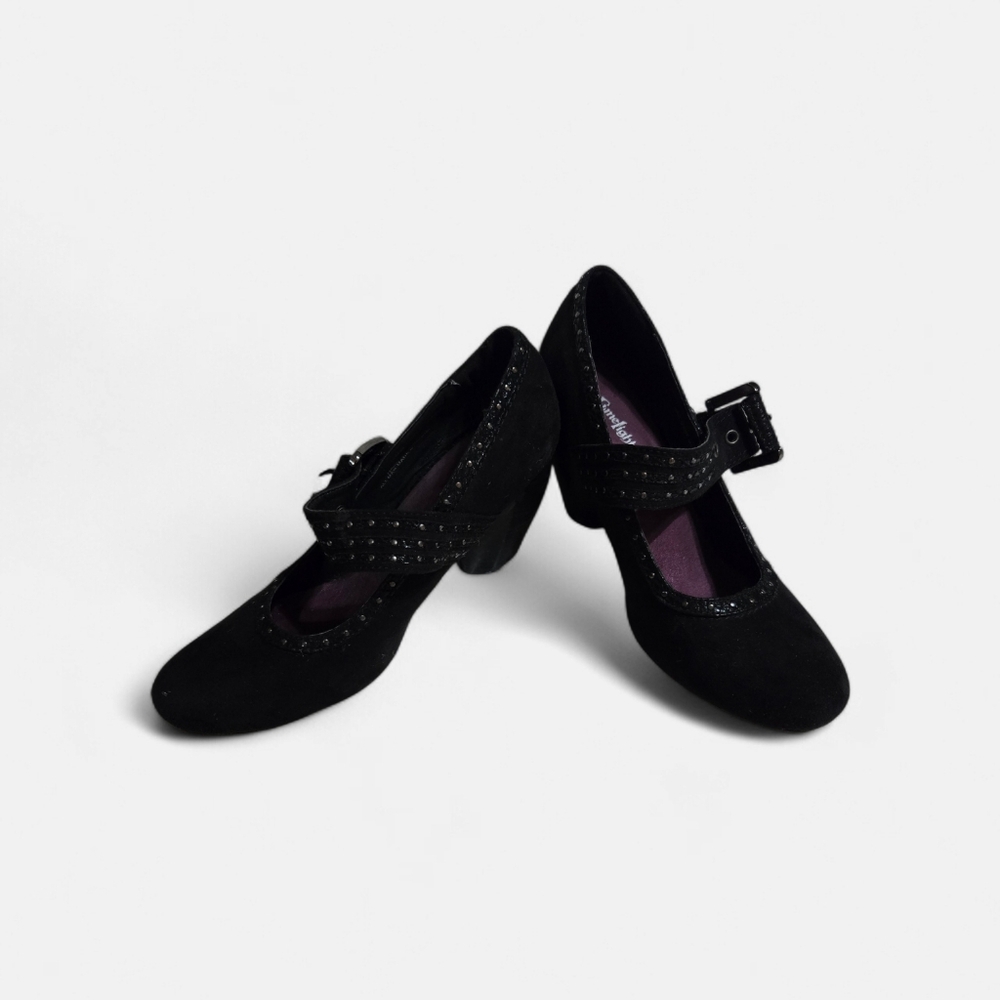 Black Mary Jane Nubuck Heels By Limelight, with Studded Strap Size 8 Good Cond.